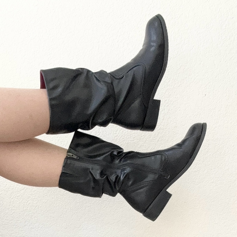 ARRAY Black Slouchy Moto Mid Calf Boots 7.5 Faux Leather Low Heel